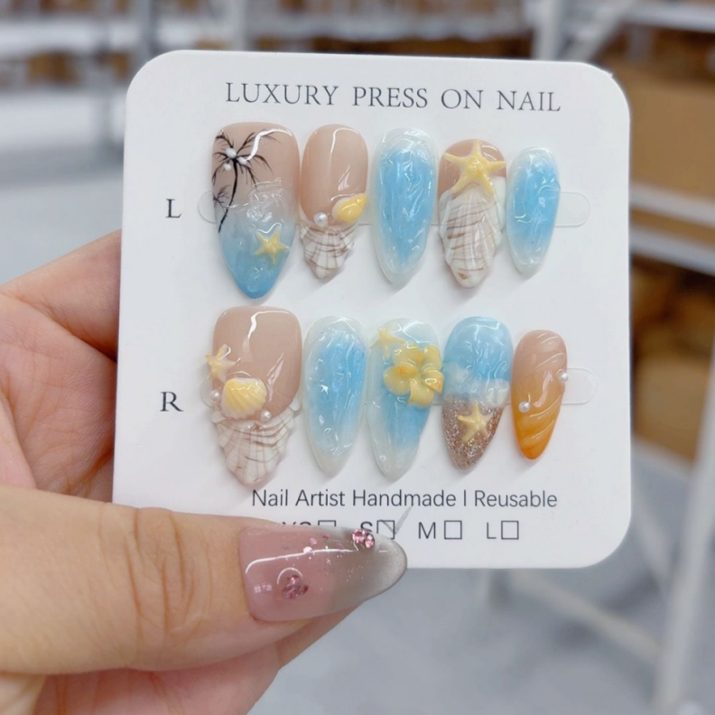 Handmade Press-On Nails –Summer Bloom Series (SKU: D489)