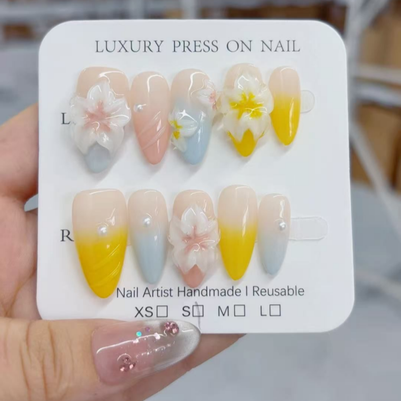 Handmade Press-On Nails –Summer Bloom Series (SKU: D490)