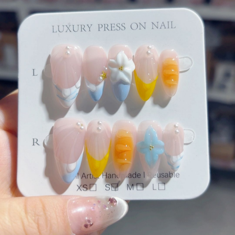 Handmade Press-On Nails –Summer Bloom Series (SKU: D469)