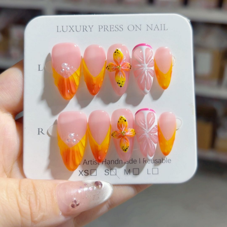 Handmade Press-On Nails –Summer Bloom Series (SKU: D470)