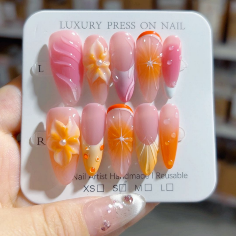 Handmade Press-On Nails –Summer Bloom Series (SKU: D471)