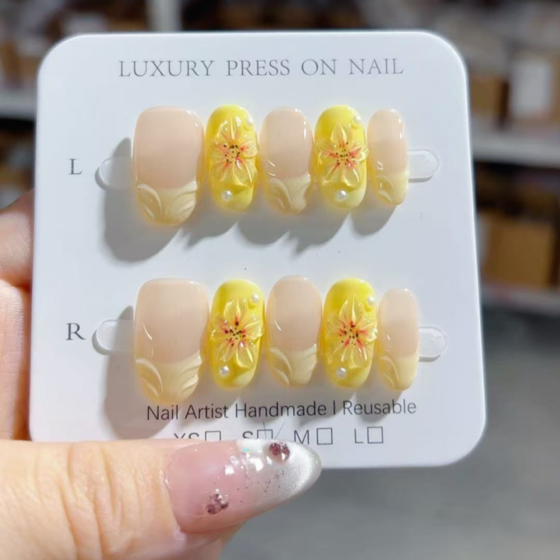 Handmade Press-On Nails –Summer Bloom Series (SKU: D474)
