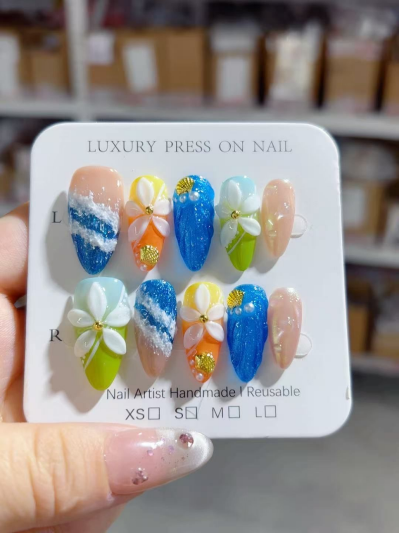 Handmade Press-On Nails –Summer Bloom Series (SKU: D476)