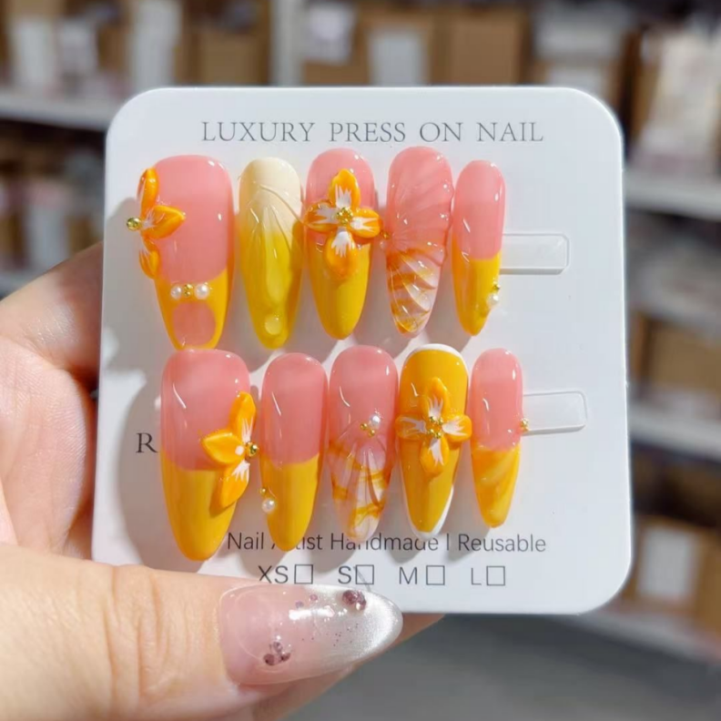 Handmade Press-On Nails –Summer Bloom Series (SKU: D477)