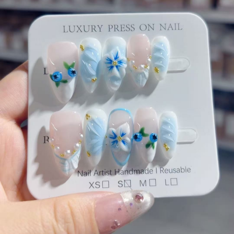 Handmade Press-On Nails –Summer Bloom Series (SKU: D478)