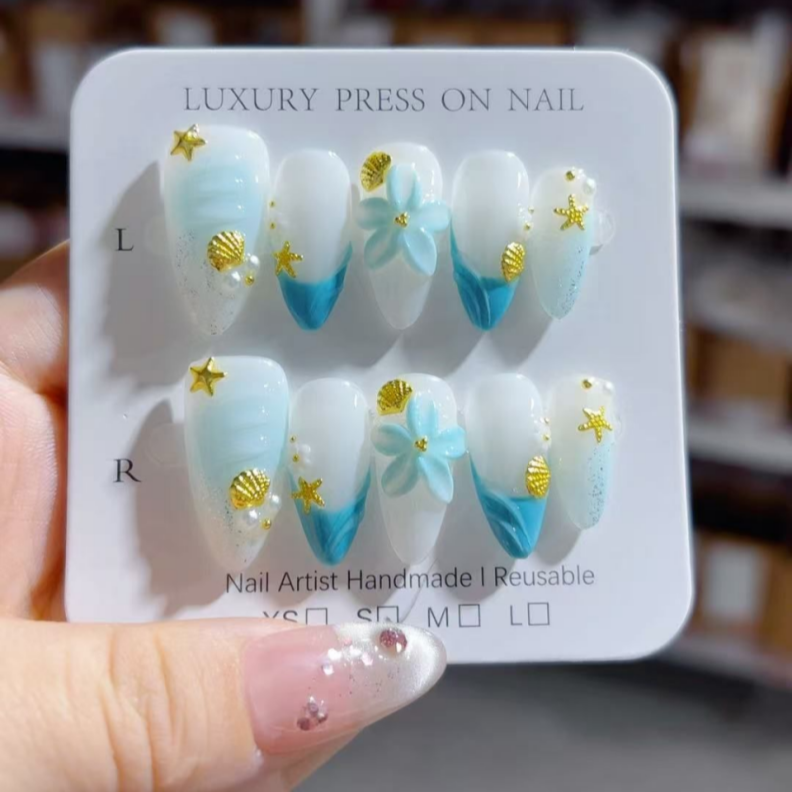 Handmade Press-On Nails –Summer Bloom Series (SKU: D484)