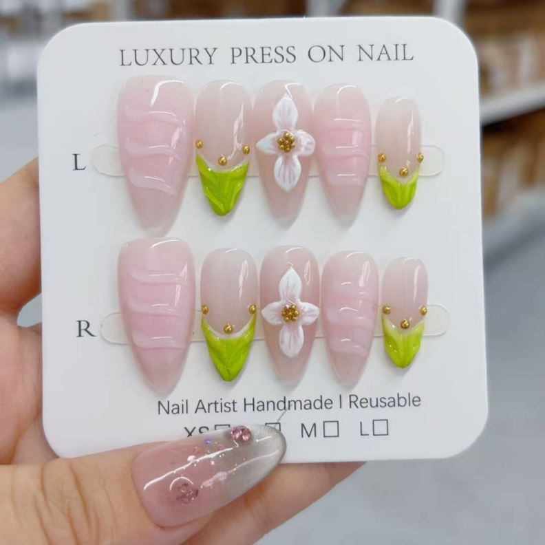 Handmade Press-On Nails –Summer Bloom Series (SKU: D486)