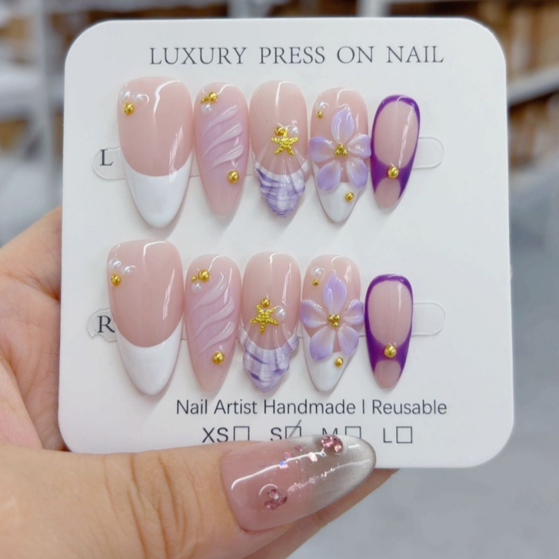 Handmade Press-On Nails –Summer Bloom Series (SKU: D487)