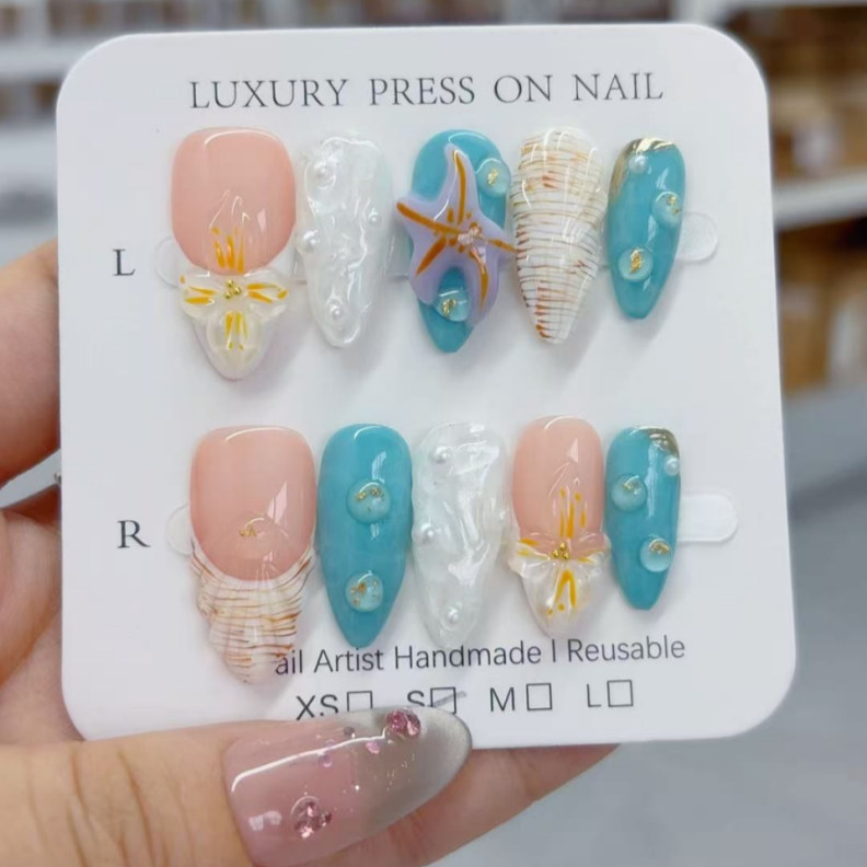 Handmade Press-On Nails –Summer Bloom Series (SKU: D488)